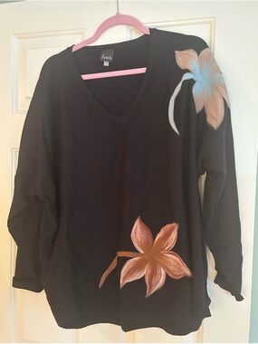NWOT AAEDA Black V-Neck Sweater with Floral Accent 2X